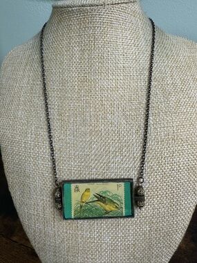 Bird Postage Stamp Necklace in Green and Yellow
